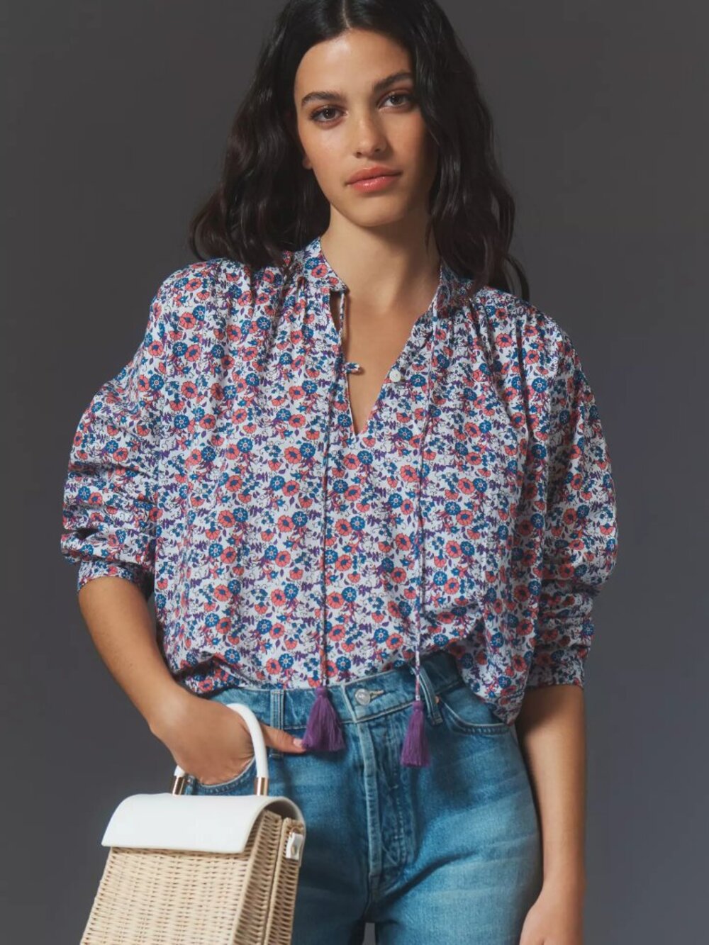Mille Joni Long Sleeve Floral Print Cotton Blouse